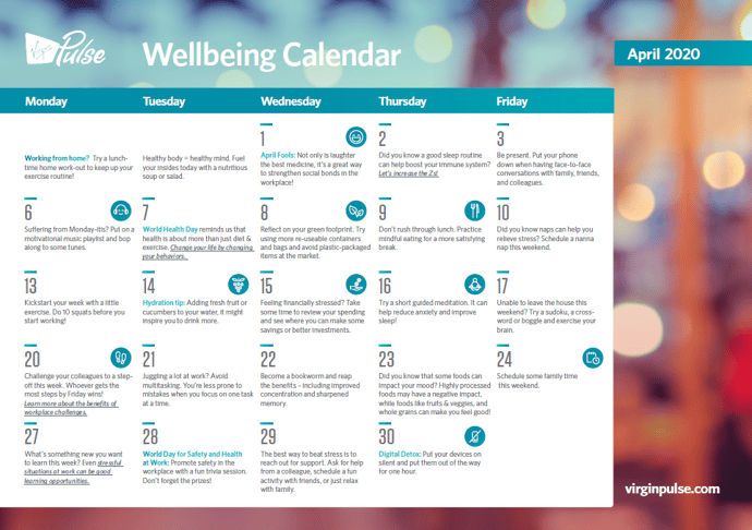 April 2020 Wellbeing Calendar | Virgin Pulse