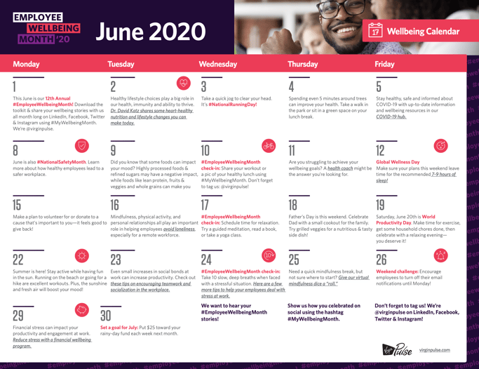 June 2020 Wellbeing Calendar | Virgin Pulse