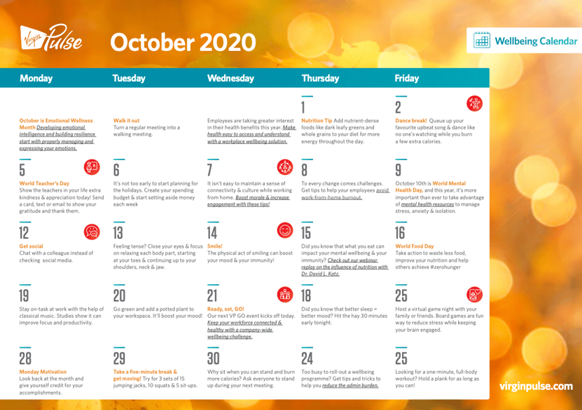 October 2020 Wellbeing Calendar | Virgin Pulse